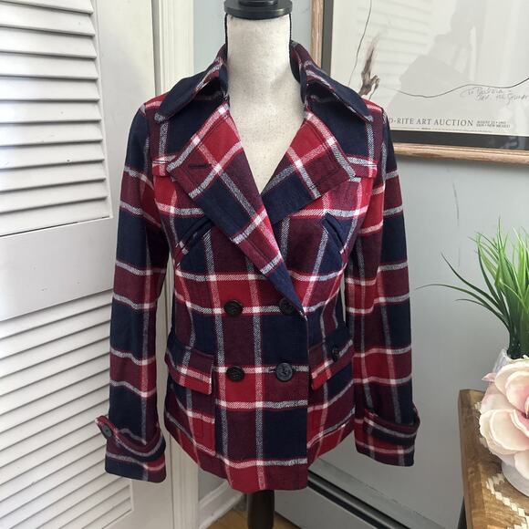 AMERICAN EAGLE Womens Pea Coat Small Blue Red Plaid Outdoor Preppy Classic - Picture 1 of 12